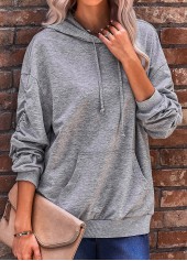 Dark Grey tops,Plain Color tops,Pocket Dark Grey Long Sleeve Hoodie