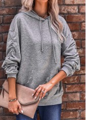 Dark Grey tops,Plain Color tops,Pocket Dark Grey Long Sleeve Hoodie