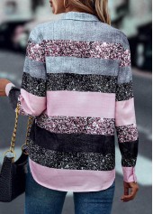 Pink tops,Contrast Color tops,Button Pink Shirt Collar Long Sleeve Blouse