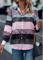 Pink tops,Contrast Color tops,Button Pink Shirt Collar Long Sleeve Blouse