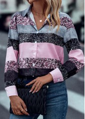 Pink tops,Contrast Color tops,Button Pink Shirt Collar Long Sleeve Blouse