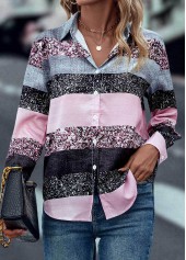 Button Pink Shirt Collar Long Sleeve Blouse