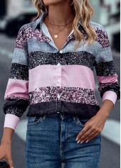 Pink tops,Contrast Color tops,Button Pink Shirt Collar Long Sleeve Blouse