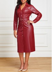 Red dresses,Plain Color dresses,ROTITA Red Belted Bodycon Turn Down Collar Dress