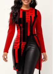 ROTITA Split Geometric Print Red Round Neck T Shirt