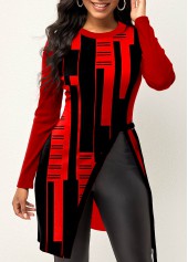 Red tops,Geometric tops,ROTITA Split Geometric Print Red Round Neck T Shirt