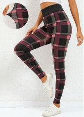 Plaid Deep Red High Waisted Elastic Waist Leggings