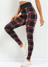 Deep Red bottoms,Plaid bottoms,Plaid Deep Red High Waisted Elastic Waist Leggings