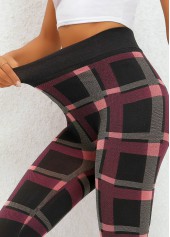 Deep Red bottoms,Plaid bottoms,Plaid Deep Red High Waisted Elastic Waist Leggings