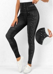 Beaded High Waisted Black Ankle Length Leggings