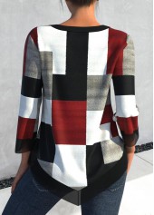 Black tops,Geometric tops,ROTITA Asymmetry Geometric Print Black Split Neck Blouse