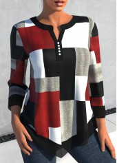 Black tops,Geometric tops,ROTITA Asymmetry Geometric Print Black Split Neck Blouse