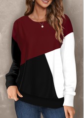 Deep Red tops,Contrast Color tops,ROTITA Geometric Print Red Round Neck Long Sleeve Sweatshirt