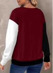Deep Red tops,Contrast Color tops,ROTITA Geometric Print Red Round Neck Long Sleeve Sweatshirt