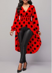 Red tops,Dot tops,ROTITA Polka Dot Red V Neck Long Sleeve Blouse