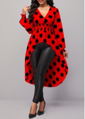 ROTITA Polka Dot Red V Neck Long Sleeve Blouse