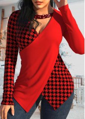 ROTITA Patchwork Houndstooth Print Red V Neck T Shirt
