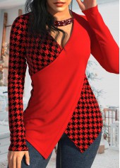 Red tops,Houndstooth tops,ROTITA Patchwork Houndstooth Print Red V Neck T Shirt