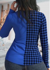 Royal Blue tops,Houndstooth tops,ROTITA Patchwork Houndstooth Print Royal Blue T Shirt