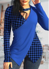 Royal Blue tops,Houndstooth tops,ROTITA Patchwork Houndstooth Print Royal Blue T Shirt