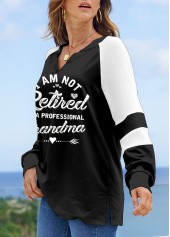 Black tops,Letter tops,Heart tops,ROTITA Letter Print Black V Neck Long Sleeve Sweatshirt