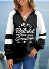 ROTITA Letter Print Black V Neck Long Sleeve Sweatshirt