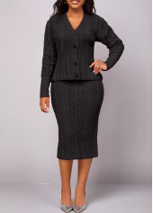 Black dresses,Plain Color dresses,Button Long Sleeve Black Top and Skirt