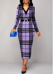 ROTITA Patchwork Plaid Light Purple V Neck Dress