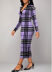 Light Purple dresses,Plaid dresses,Striped dresses,Geometric dresses,ROTITA Patchwork Plaid Light Purple V Neck Dress