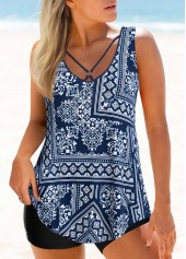 Marineblaues Patchwork-Tankini-Oberteil Rotita mit Metallring-Kein Boden