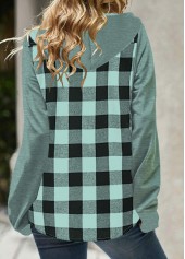Mint Green tops,Plaid tops,Geometric tops,ROTITA Pocket Plaid Mint Green Long Sleeve Hoodie