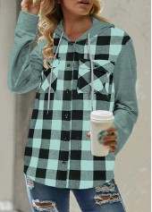 Mint Green tops,Plaid tops,Geometric tops,ROTITA Pocket Plaid Mint Green Long Sleeve Hoodie