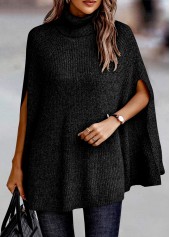 Black tops,Plain Color tops,Split Black Turtleneck Short Sleeve Sweater