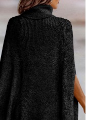 Black tops,Plain Color tops,Split Black Turtleneck Short Sleeve Sweater