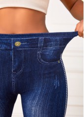 Blue bottoms,Plain Color bottoms,Blue High Waisted Elastic Waist Ankle Length Leggings