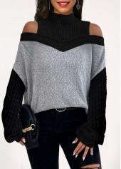 Black tops,Contrast Color tops,ROTITA Patchwork Black Turn Down Collar Long Sleeve Sweatshirt