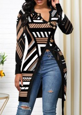 ROTITA Split Geometric Print Black Asymmetrical Neck T Shirt