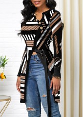 Black tops,Geometric tops,Striped tops,ROTITA Split Geometric Print Black Asymmetrical Neck T Shirt