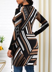 Black tops,Geometric tops,Striped tops,ROTITA Split Geometric Print Black Asymmetrical Neck T Shirt