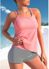 Pink swimwear,Plain Color swimwear,ROTITA Smocked Fake 2in1 Pink Tankini Top