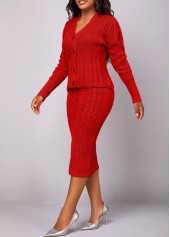 Red dresses,Plain Color dresses,ROTITA Button Long Sleeve Red Top and Skirt
