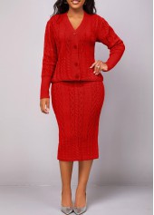 Red dresses,Plain Color dresses,ROTITA Button Long Sleeve Red Top and Skirt
