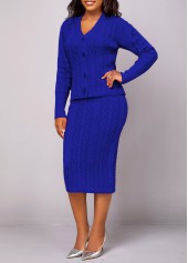 Dark Blue dresses,Plain Color dresses,ROTITA Button Long Sleeve Dark Blue Top and Skirt
