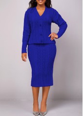 Dark Blue dresses,Plain Color dresses,ROTITA Button Long Sleeve Dark Blue Top and Skirt