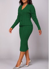 Blackish Green dresses,Plain Color dresses,ROTITA Button Long Sleeve Blackish Green Top and Skirt