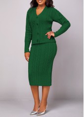 Blackish Green dresses,Plain Color dresses,ROTITA Button Long Sleeve Blackish Green Top and Skirt