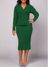 Blackish Green dresses,Plain Color dresses,ROTITA Button Long Sleeve Blackish Green Top and Skirt