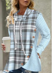 ROTITA Button Plaid Blue Cowl Neck Long Sleeve Sweatshirt