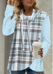 Blue tops,Plaid tops,Striped tops,ROTITA Button Plaid Blue Cowl Neck Long Sleeve Sweatshirt