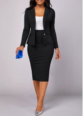 Black dresses,Plain Color dresses,ROTITA Lapel Black Long Sleeve Two Piece Suit
